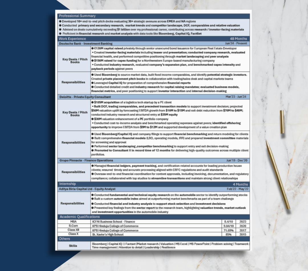 Resume that received offers from JP. Morgan / McKinsey & Co. / Deutsche Bank / Deloitte